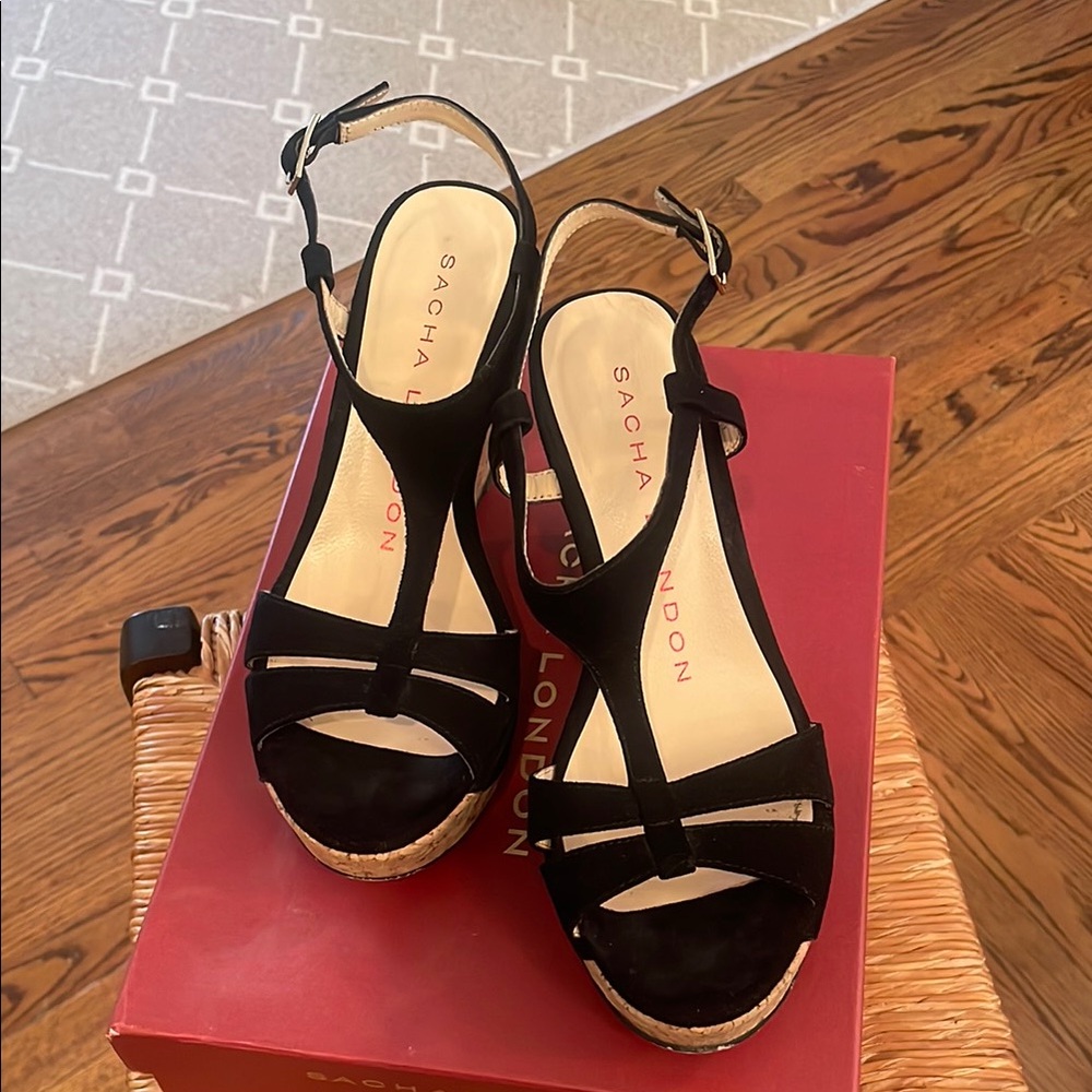 Sacha London Nuria Black suede/cork sandal sz 7
